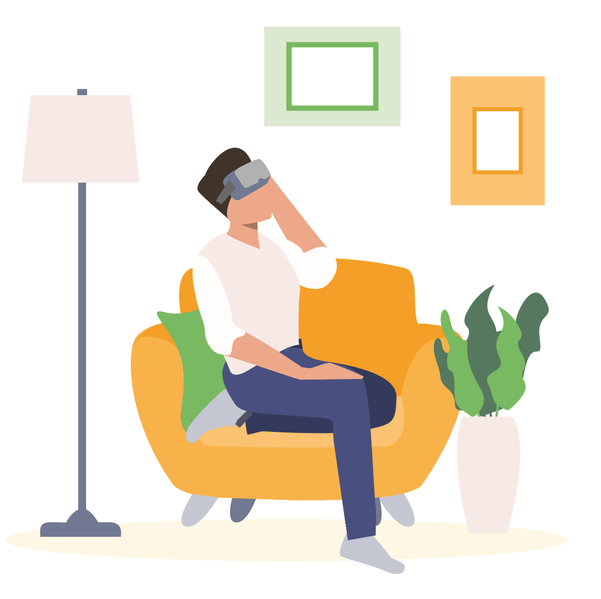 Illustratie van man op een stoel met VR-bril op